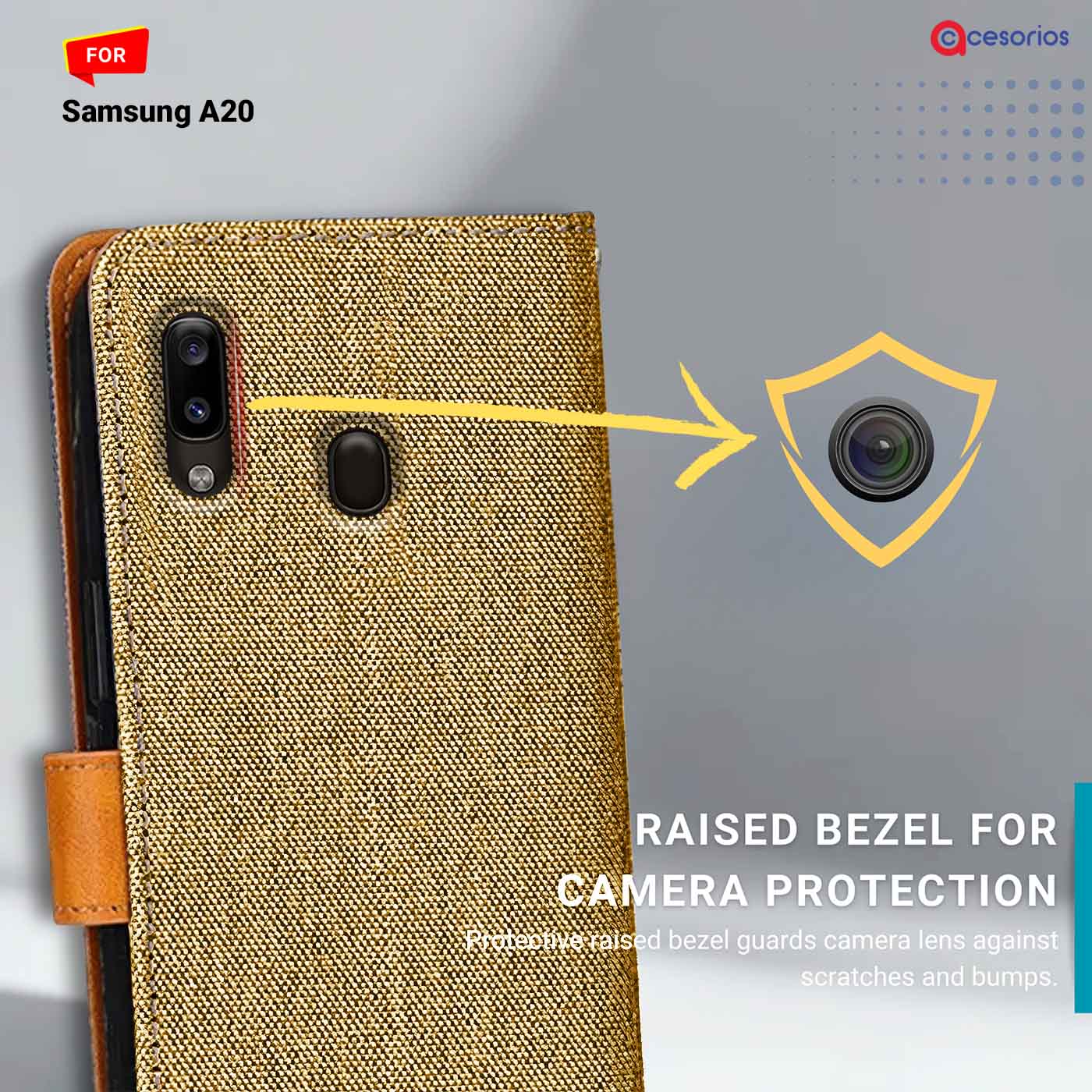 Denim & Leather back panel — Samsung A20 in Light Brown mobile case