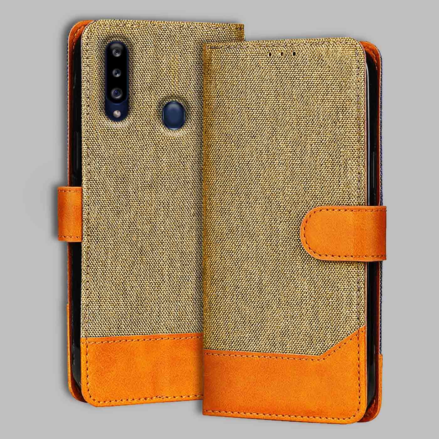 Samsung A20S flip cover in Light Brown — front view by Accesorios