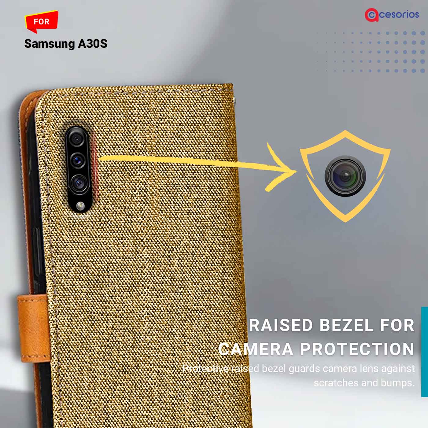 Denim & Leather back panel — Samsung A30S in Light Brown mobile case