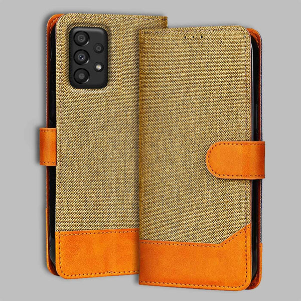 Samsung A33 5G Flip Cover — Denim, Camel Beige after a year of daily use