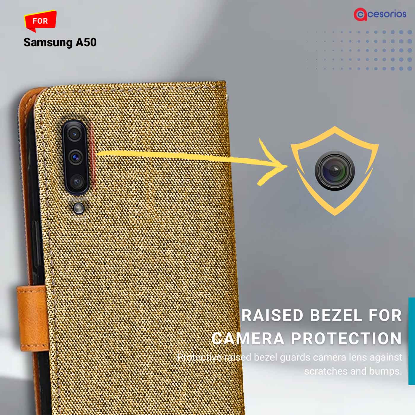 Denim & Leather back panel — Samsung A50 in Light Brown mobile case
