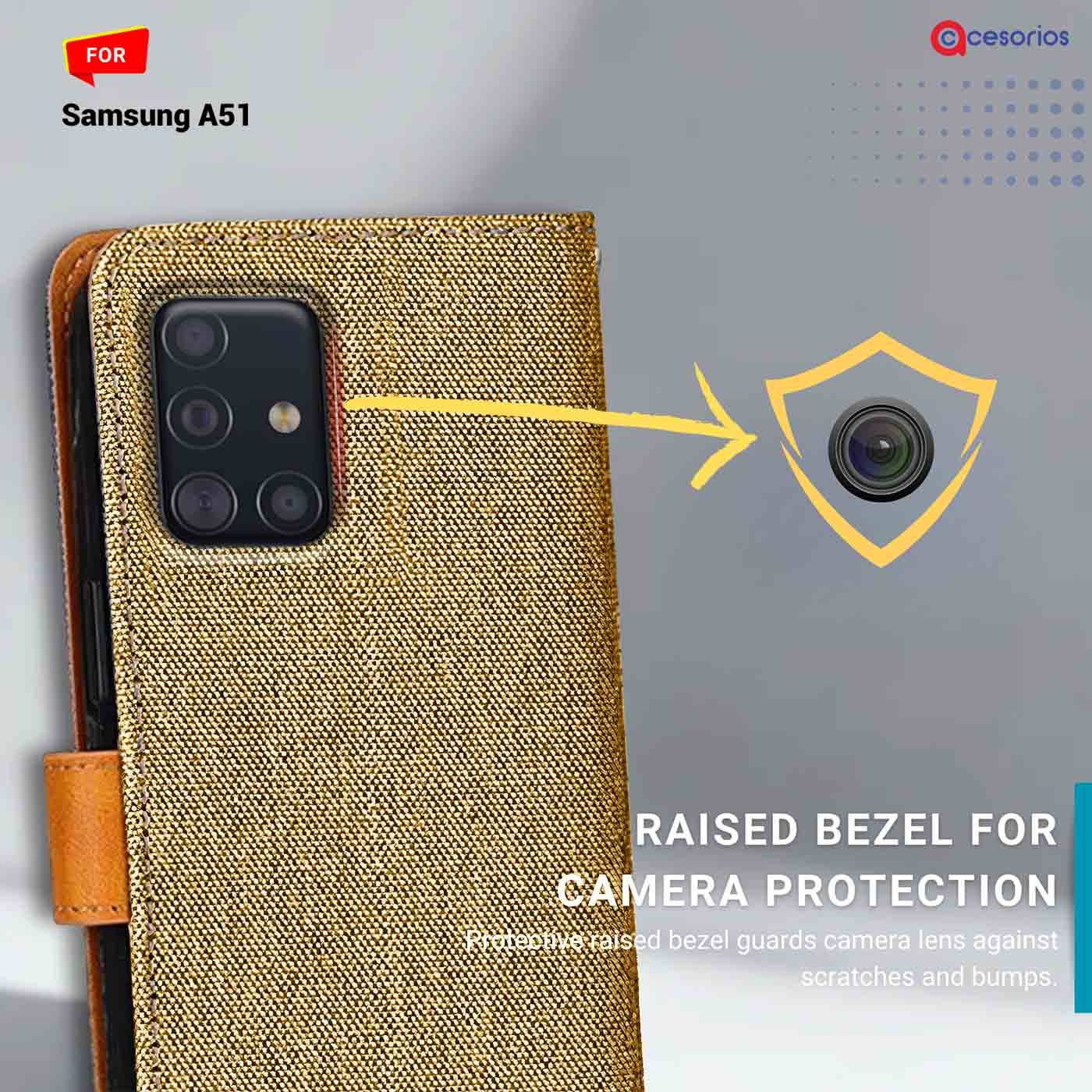 Denim & Leather back panel — Samsung A51 in Light Brown mobile case