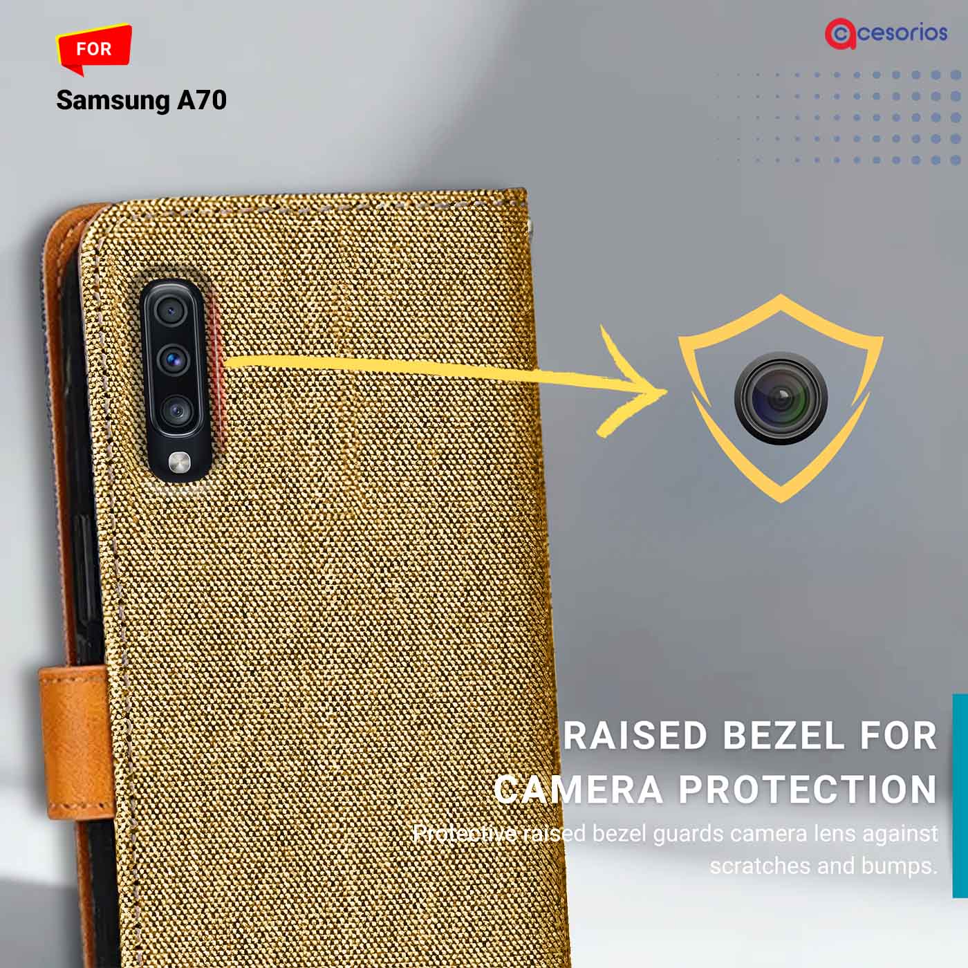 Denim & Leather back panel — Samsung A70 in Light Brown mobile case