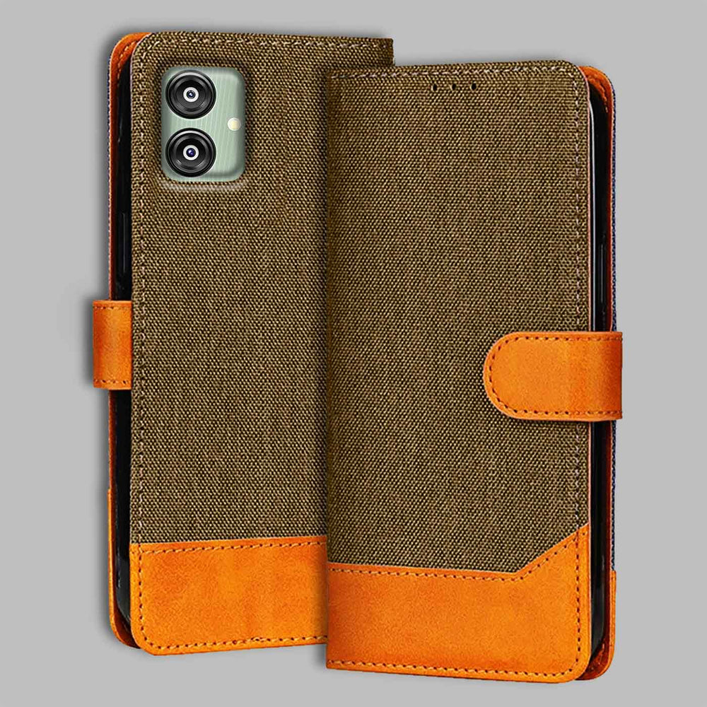 Samsung F04 flip cover in Dark Brown — front view by Accesorios