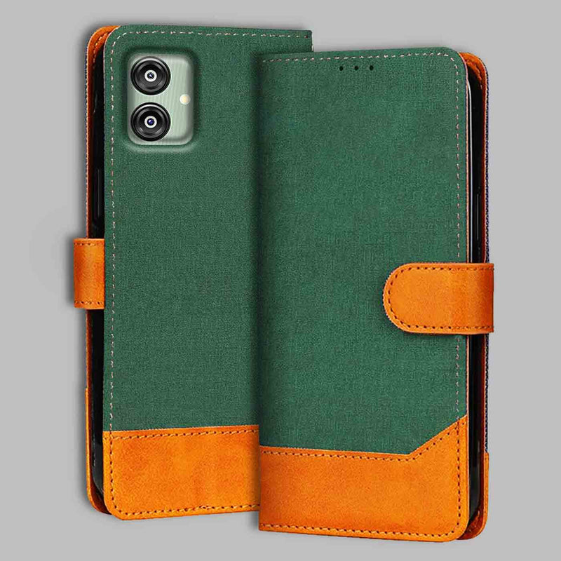 Samsung F04 Flip Cover — Chambray, Forest Green after a year of daily use
