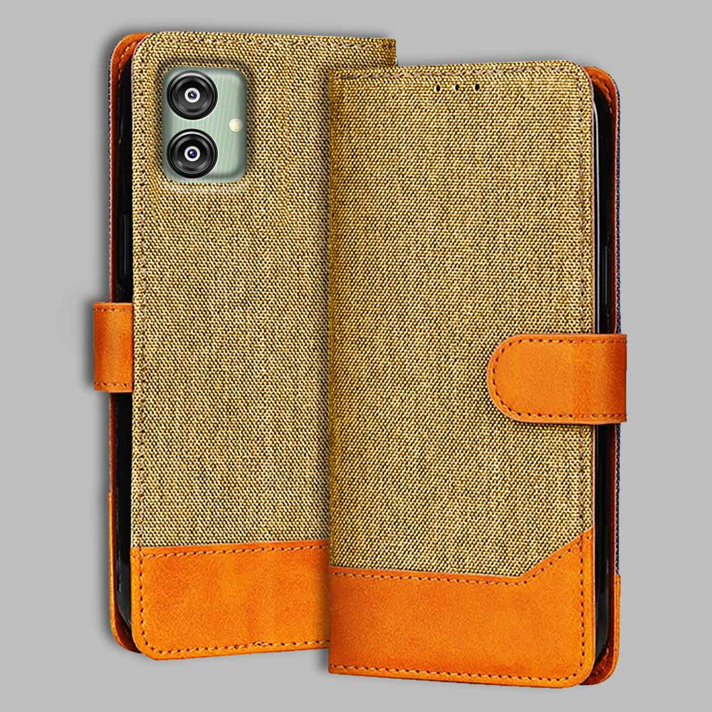 Samsung F04 flip cover in Light Brown — front view by Accesorios
