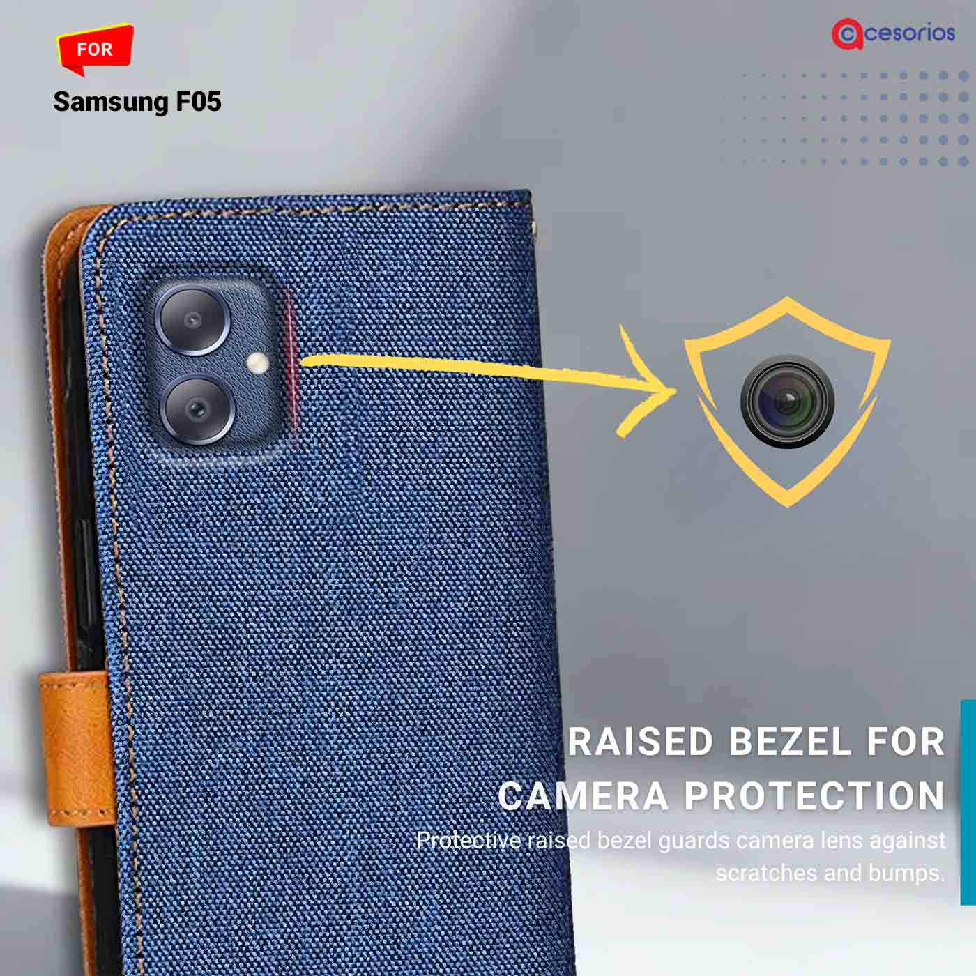 Denim & Leather back panel — Samsung F05 in Blue mobile case