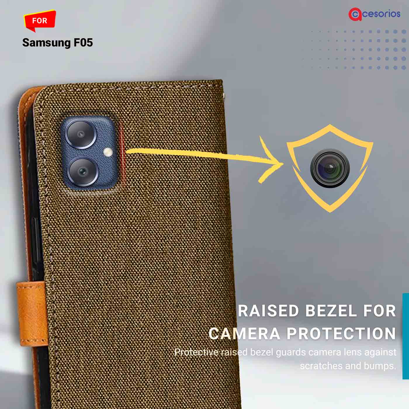 Denim & Leather back panel — Samsung F05 in Dark Brown mobile case