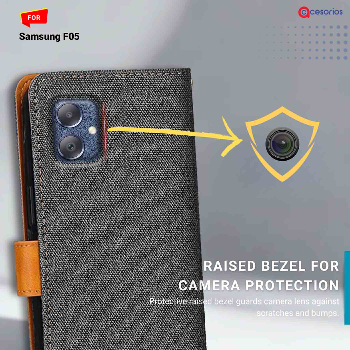 Denim & Leather back panel — Samsung F05 in Grey mobile case