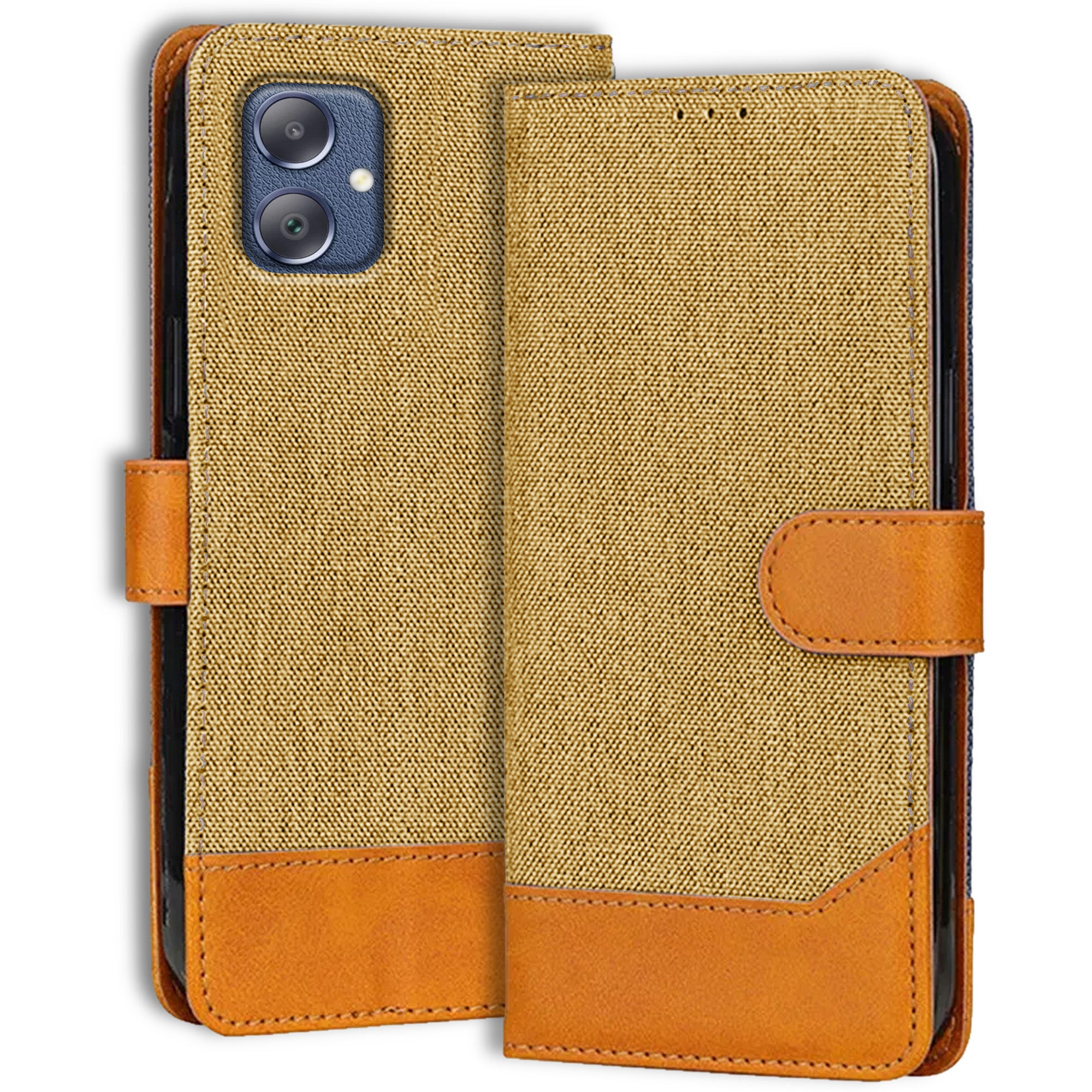 Accesorios Samsung F05 denim flip cover – Light Brown – Image 1 #color_light brown