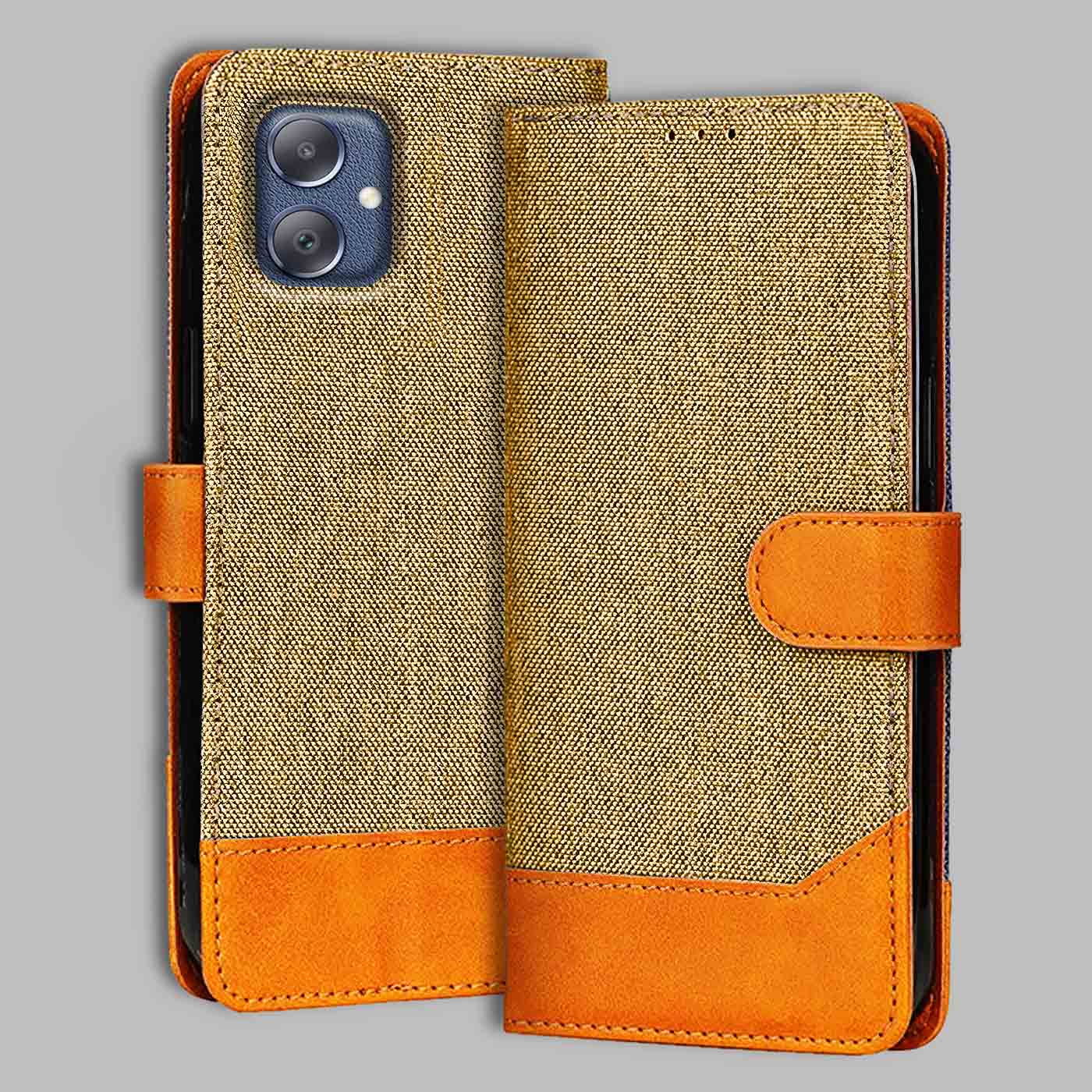 Samsung F05 flip cover in Light Brown — front view by Accesorios