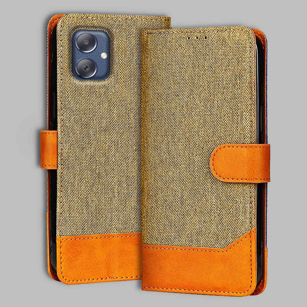 Samsung F05 Flip Cover — Denim, Camel Beige after a year of daily use