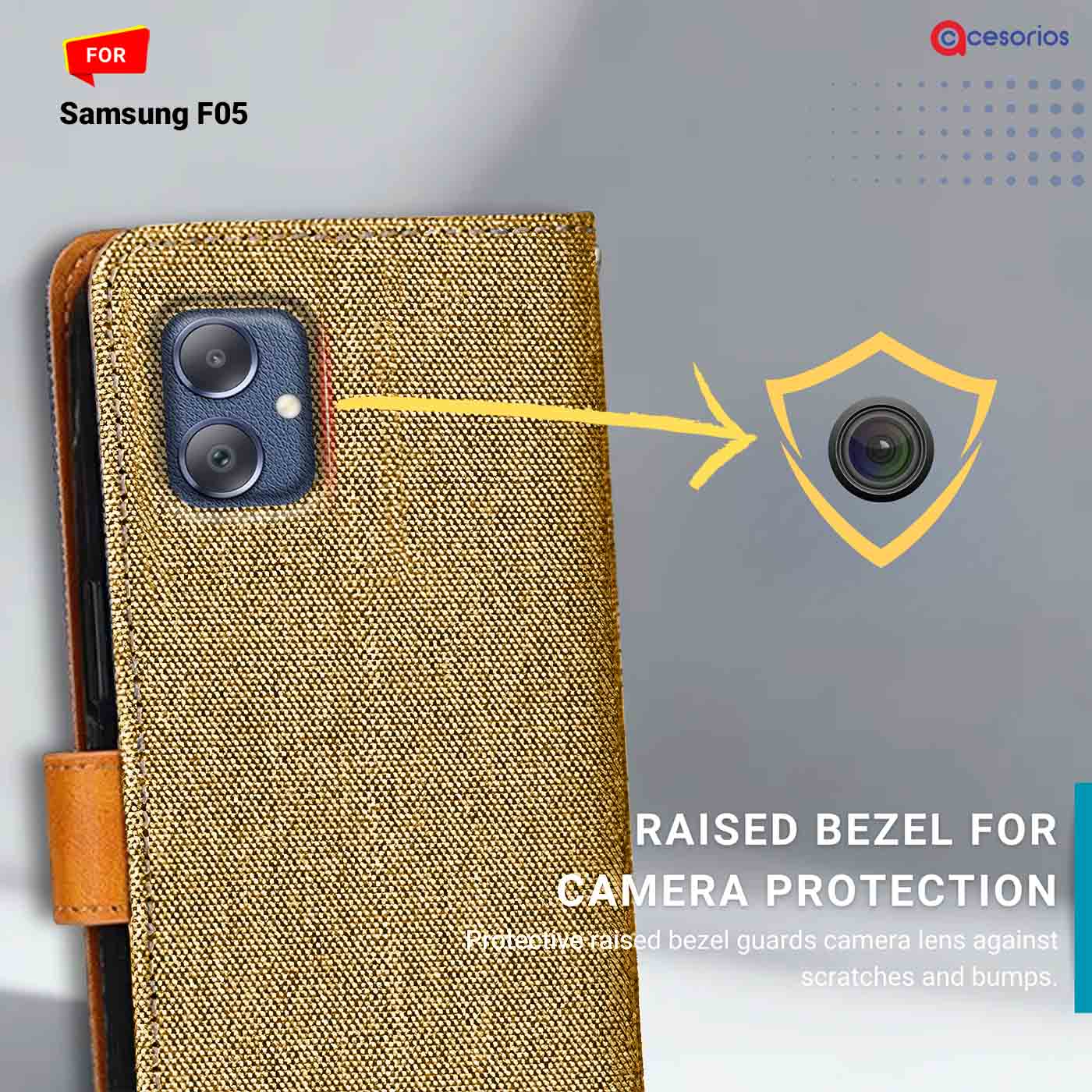 Denim & Leather back panel — Samsung F05 in Light Brown mobile case