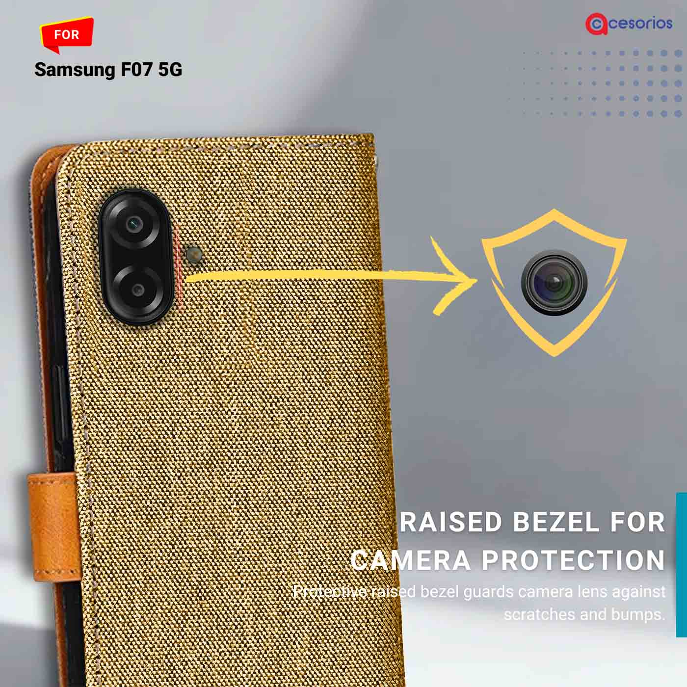 Denim & Leather back panel — Samsung F07 5G in Light Brown mobile case