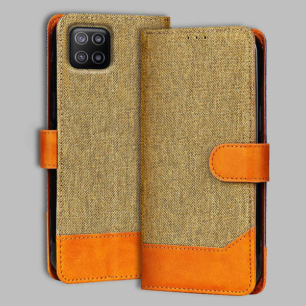 Samsung F12 Flip Cover — Denim, Camel Beige after a year of daily use