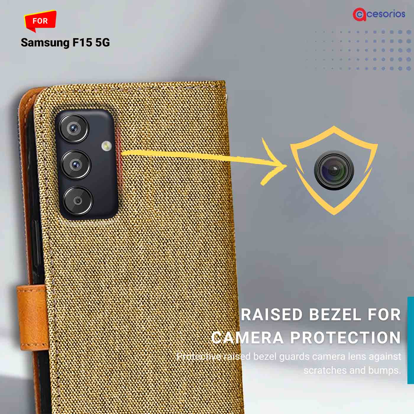 Denim & Leather back panel — Samsung F15 5G in Light Brown mobile case