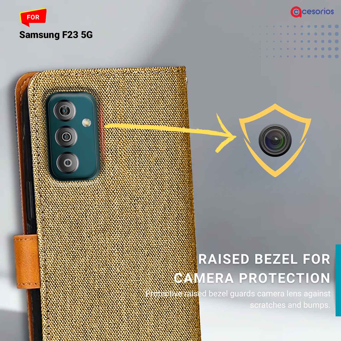 Denim & Leather back panel — Samsung F23 5G in Light Brown mobile case