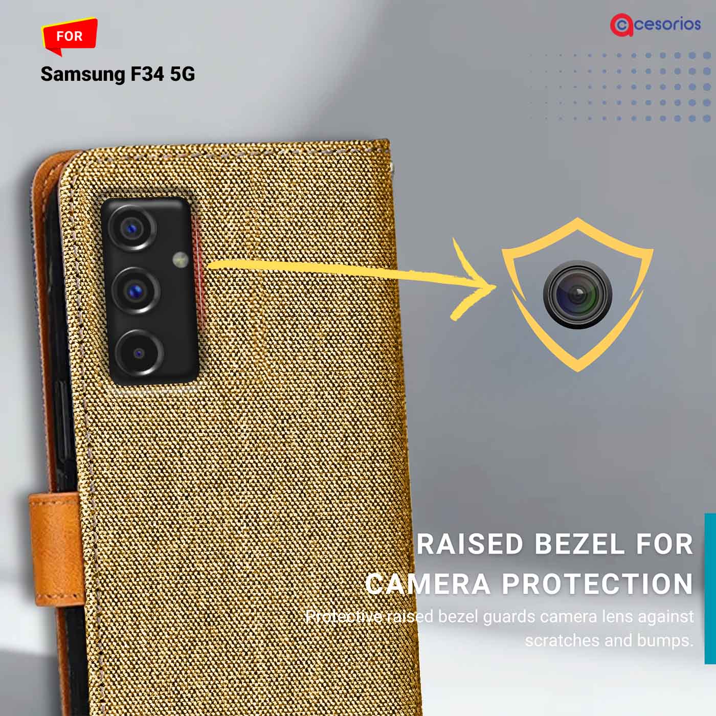 Denim & Leather back panel — Samsung F34 5G in Light Brown mobile case