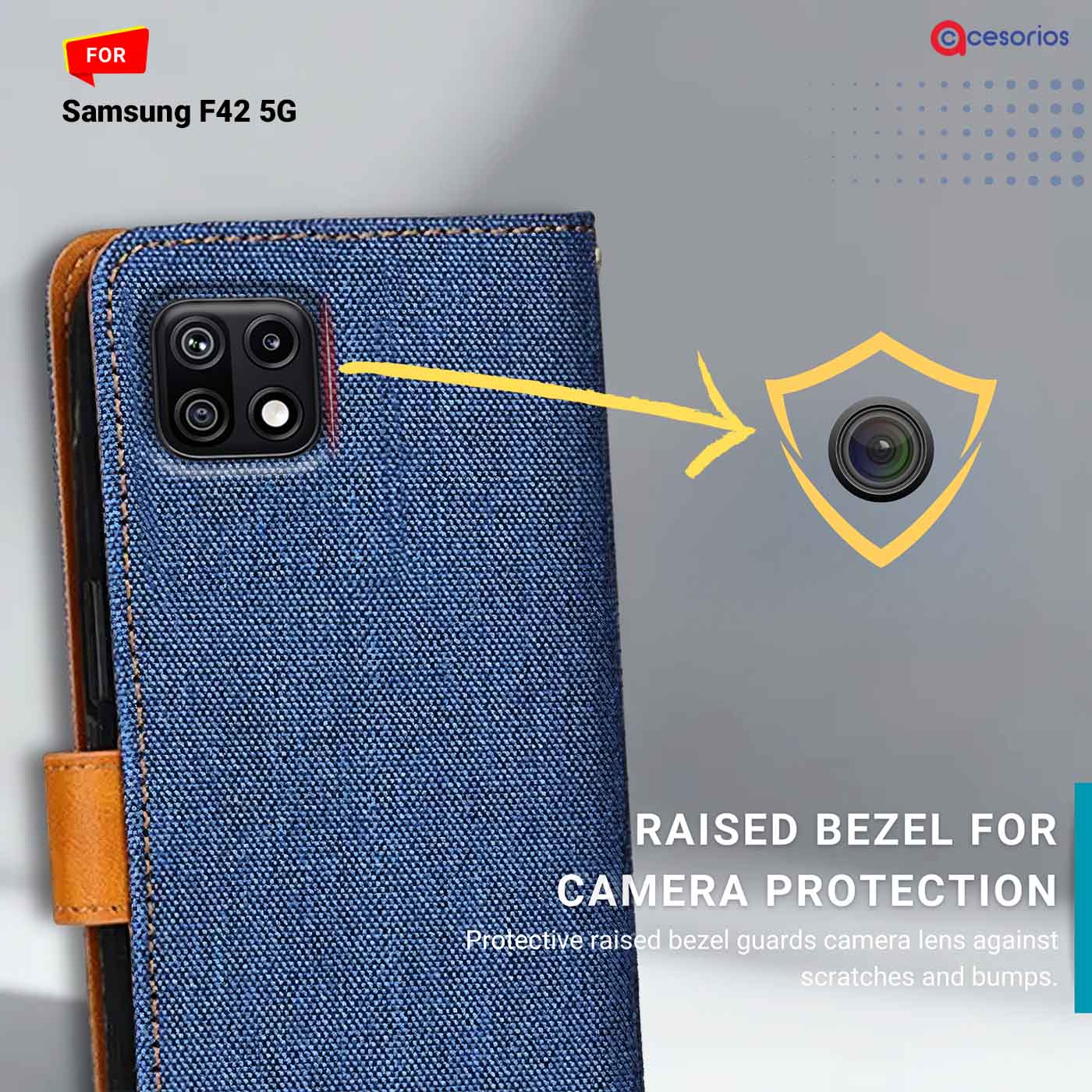 Denim & Leather back panel — Samsung F42 5G in Blue mobile case