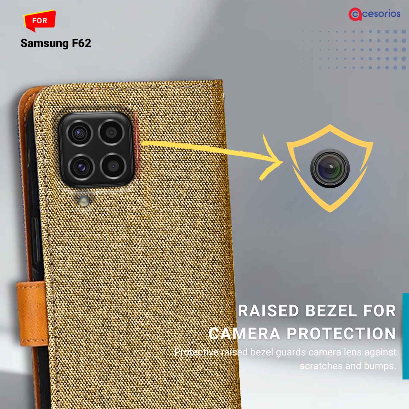 Denim & Leather back panel — Samsung F62 in Light Brown mobile case