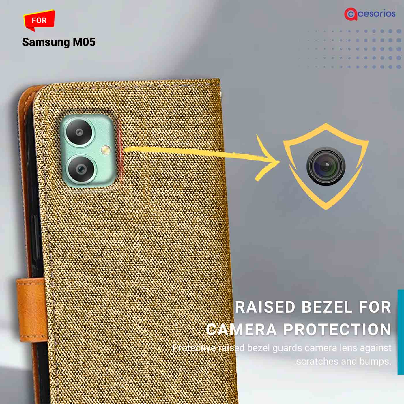 Denim & Leather back panel — Samsung M05 in Light Brown mobile case
