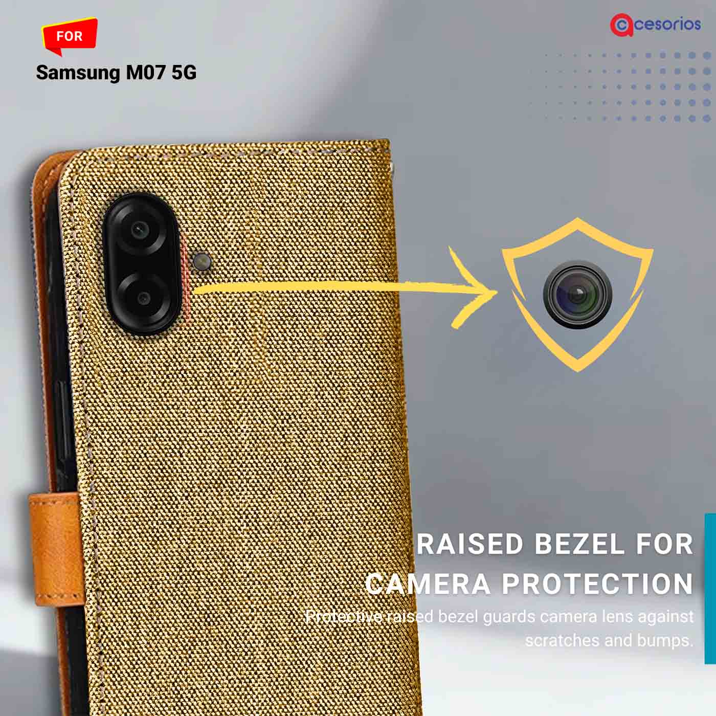Denim & Leather back panel — Samsung M07 5G in Light Brown mobile case