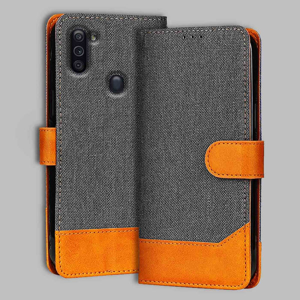 Samsung M11 Flip Cover — Denim, Graphite Grey after a year of daily use