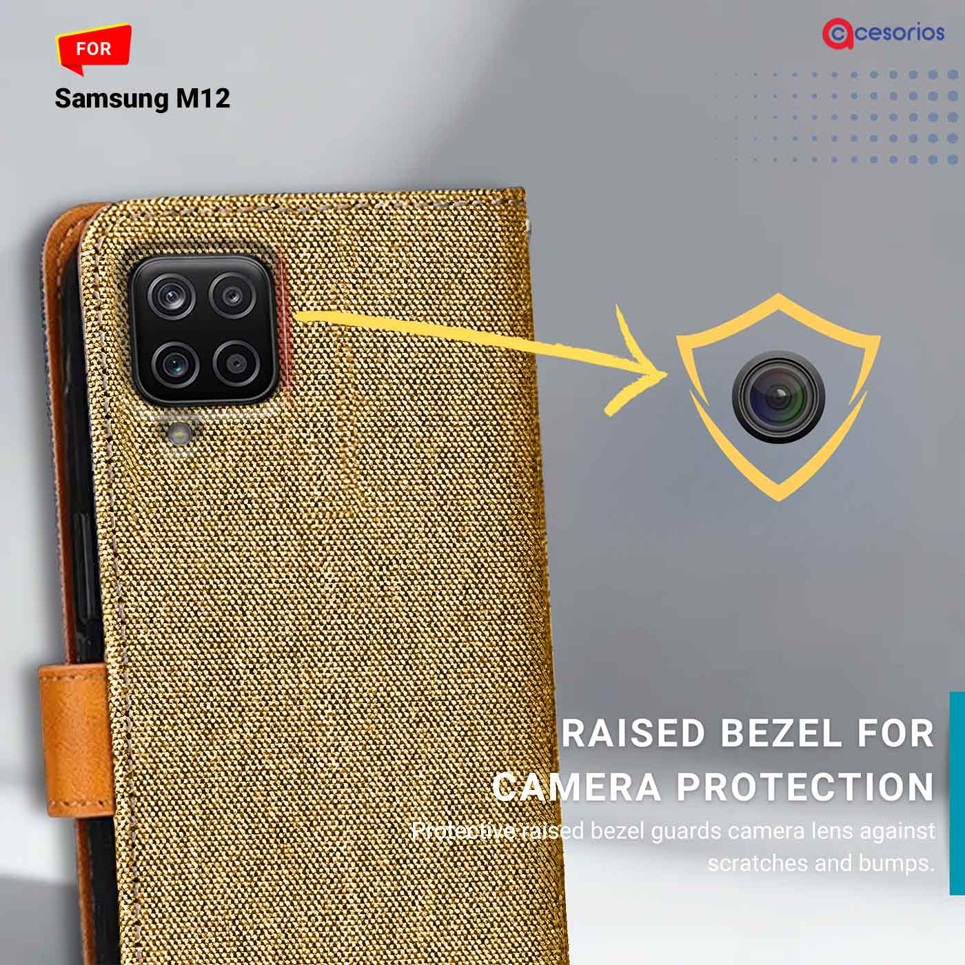 Denim & Leather back panel — Samsung M12 in Light Brown mobile case
