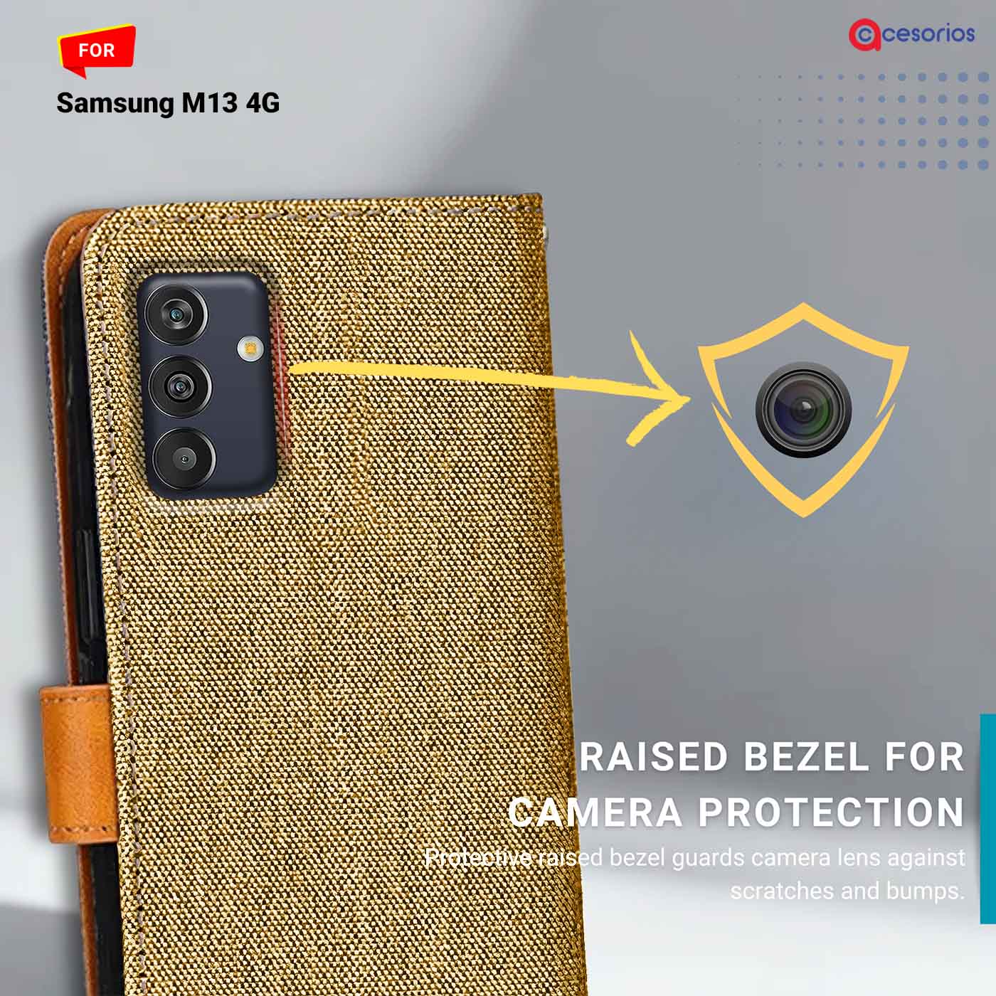 Denim & Leather back panel — Samsung M13 4G in Light Brown mobile case