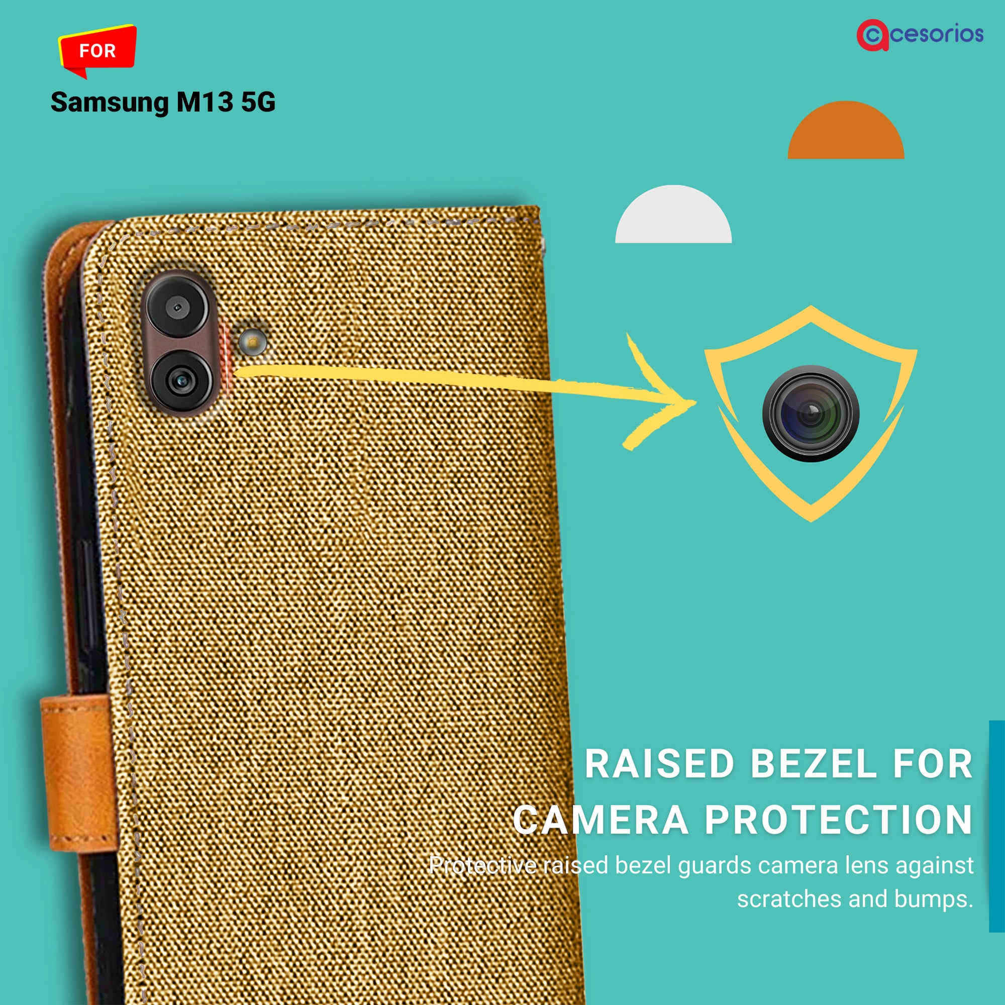 Accesorios Samsung M13 5G denim flip cover – Light Brown – Image 2 #color_light brown