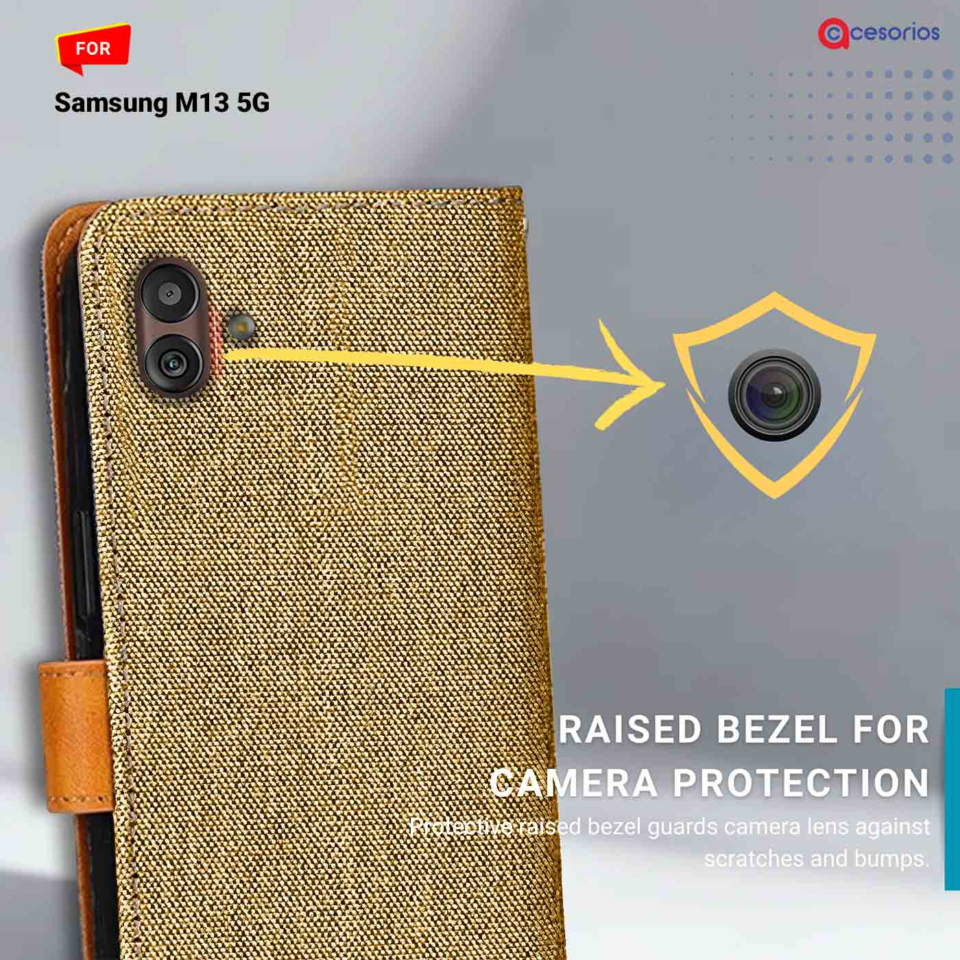 Denim & Leather back panel — Samsung M13 5G in Light Brown mobile case