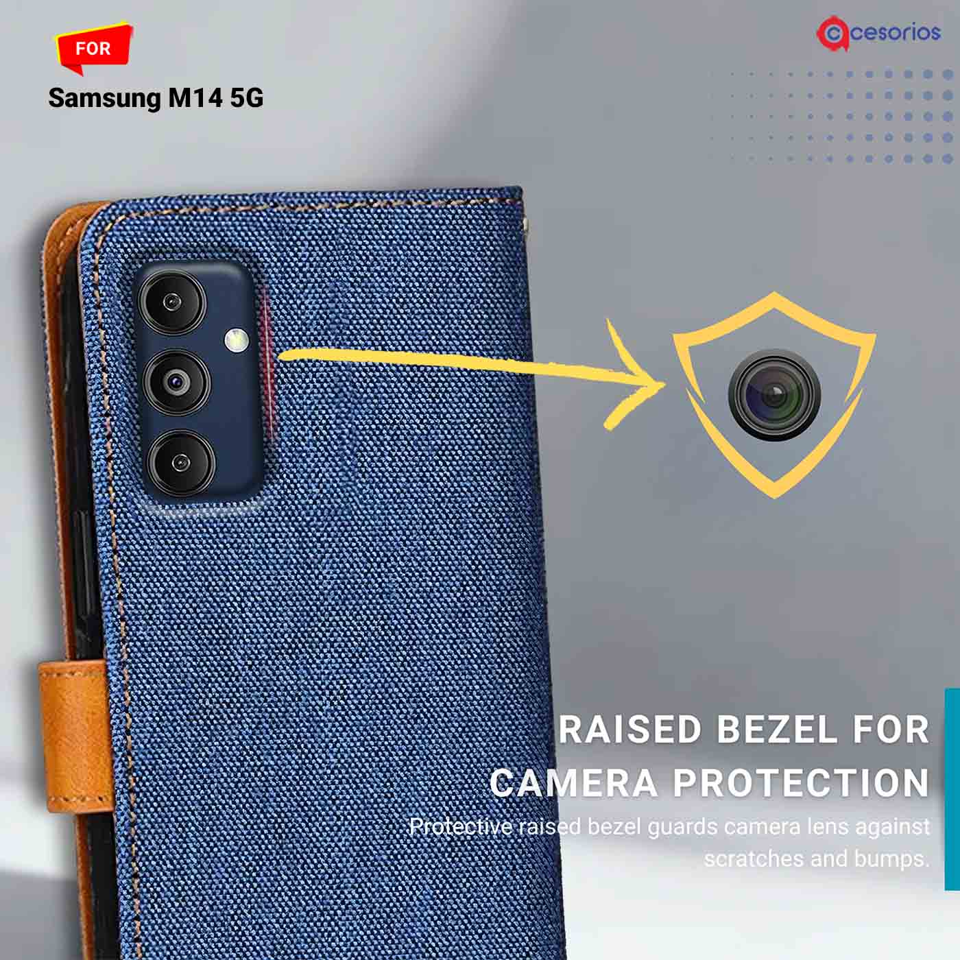 Denim & Leather back panel — Samsung M14 5G in Blue mobile case
