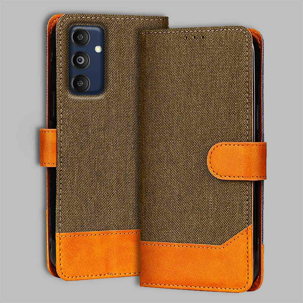 Samsung M14 5G Flip Cover — Denim, Walnut Brown after a year of daily use