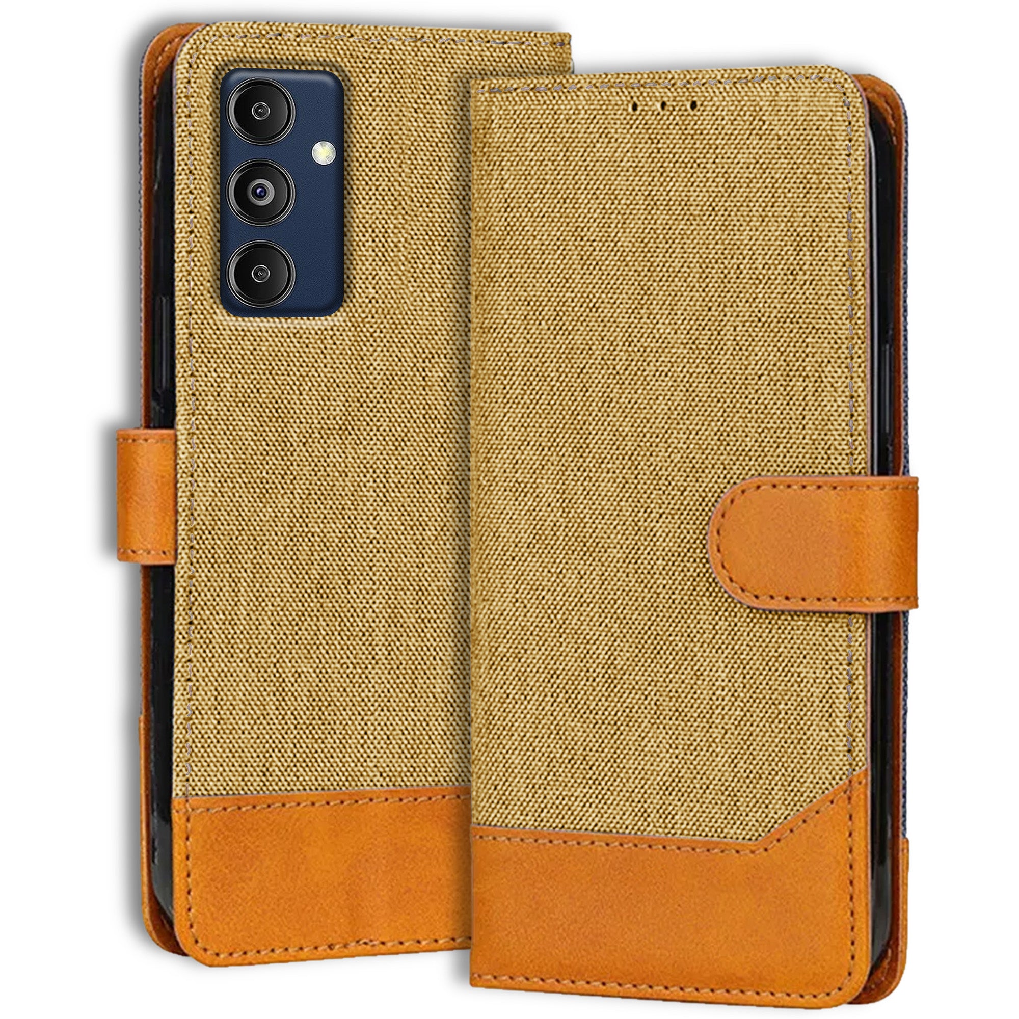 Accesorios Samsung M14 5G denim flip cover – Light Brown – Image 1 #color_light brown