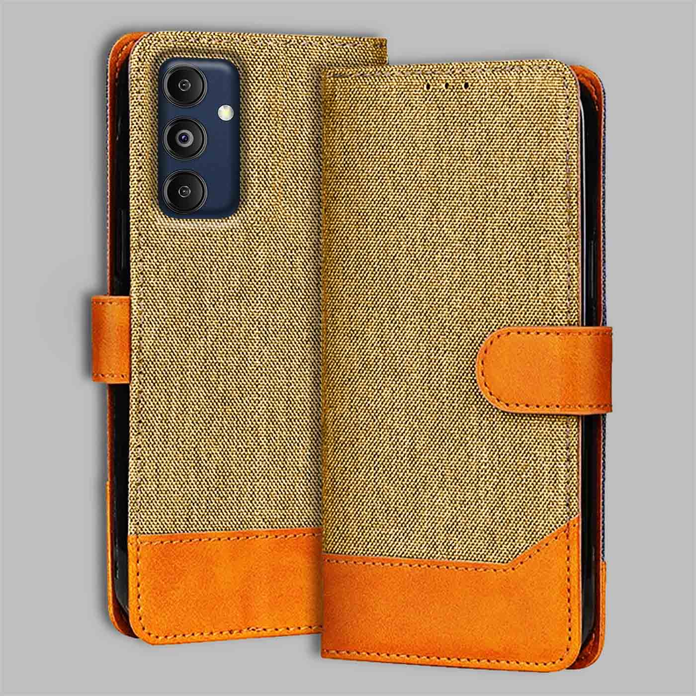Samsung M14 5G flip cover in Light Brown — front view by Accesorios