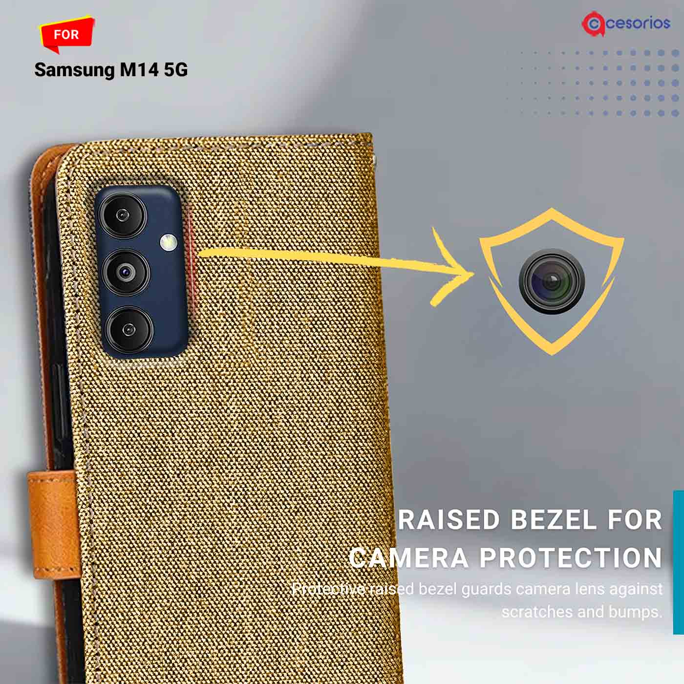 Denim & Leather back panel — Samsung M14 5G in Light Brown mobile case