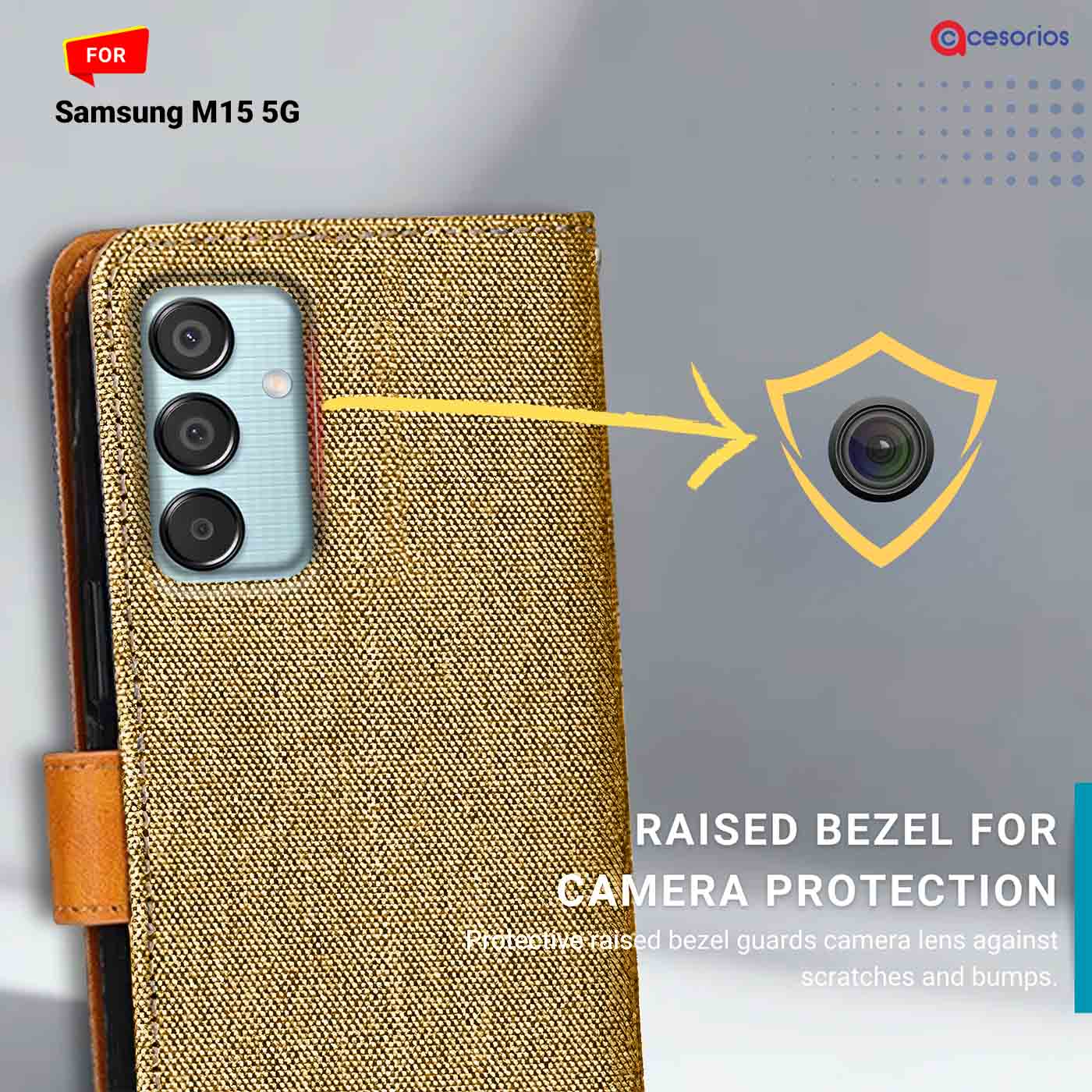 Denim & Leather back panel — Samsung M15 5G in Light Brown mobile case