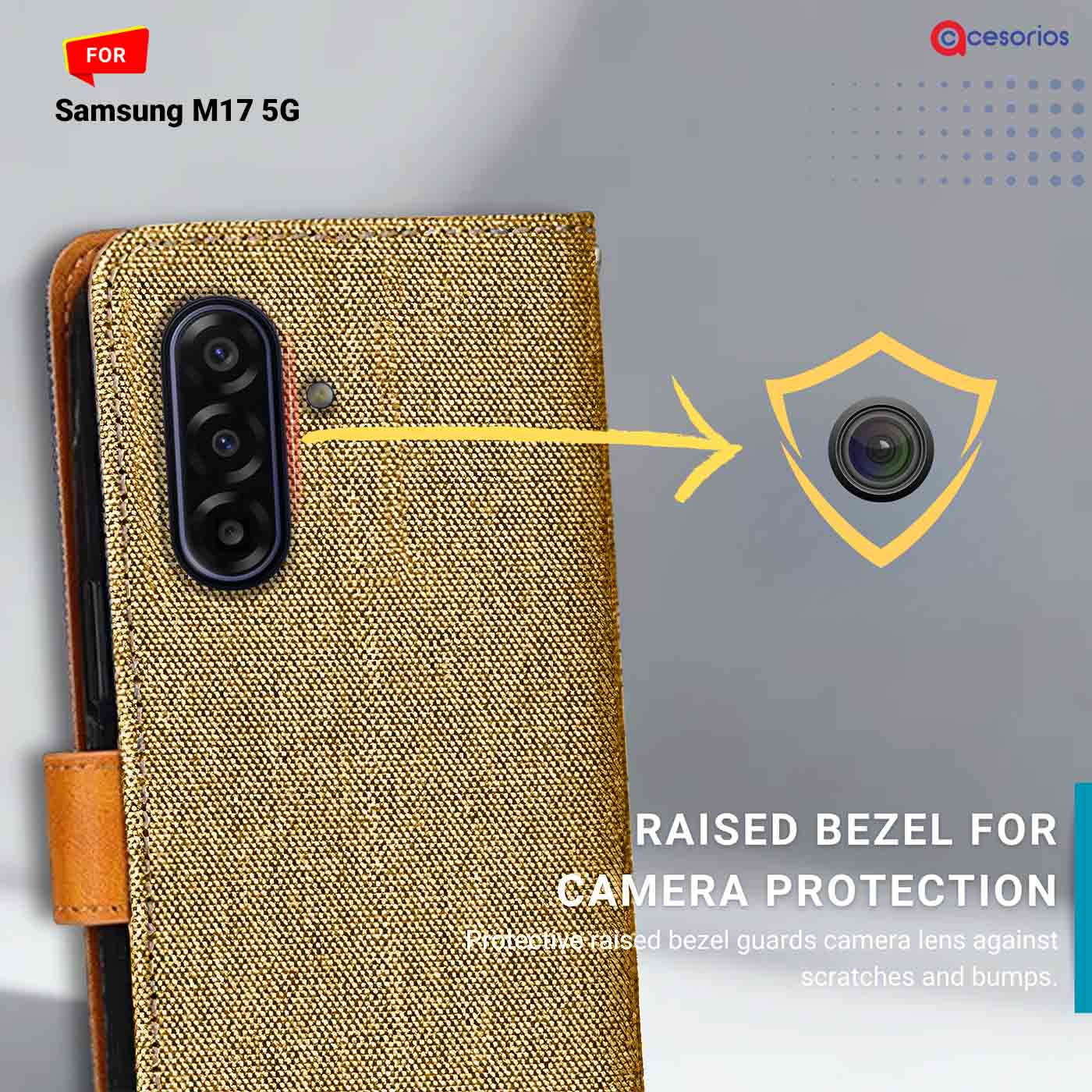 Denim & Leather back panel — Samsung M17 5G in Light Brown mobile case
