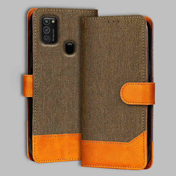 Samsung M21 Flip Cover — Denim, Walnut Brown after a year of daily use