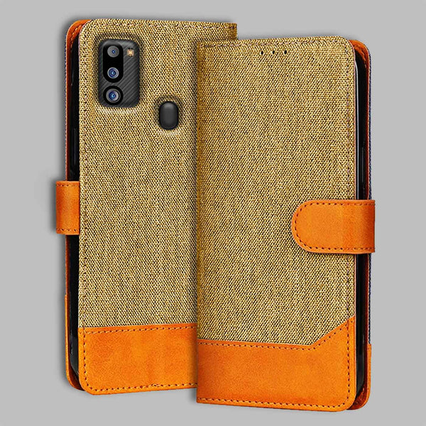 Samsung M21 2021 Flip Cover — Denim, Camel Beige after a year of daily use