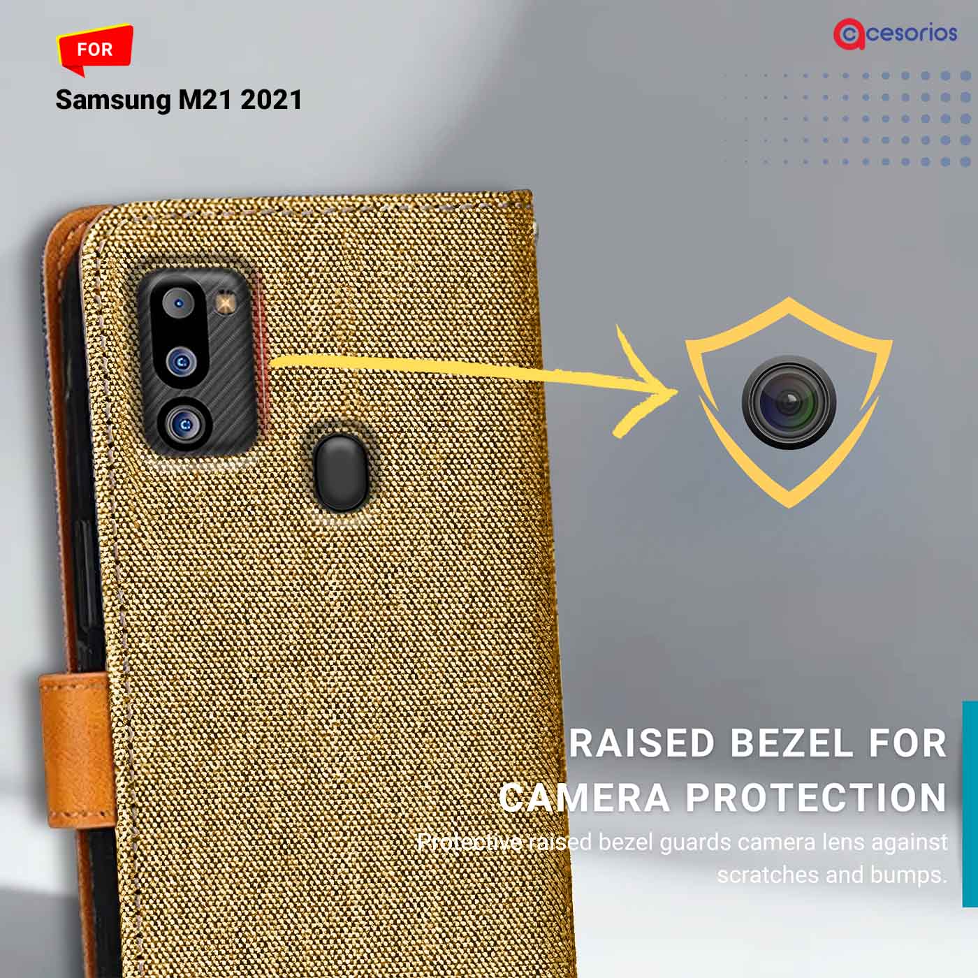 Denim & Leather back panel — Samsung M21 2021 in Light Brown mobile case