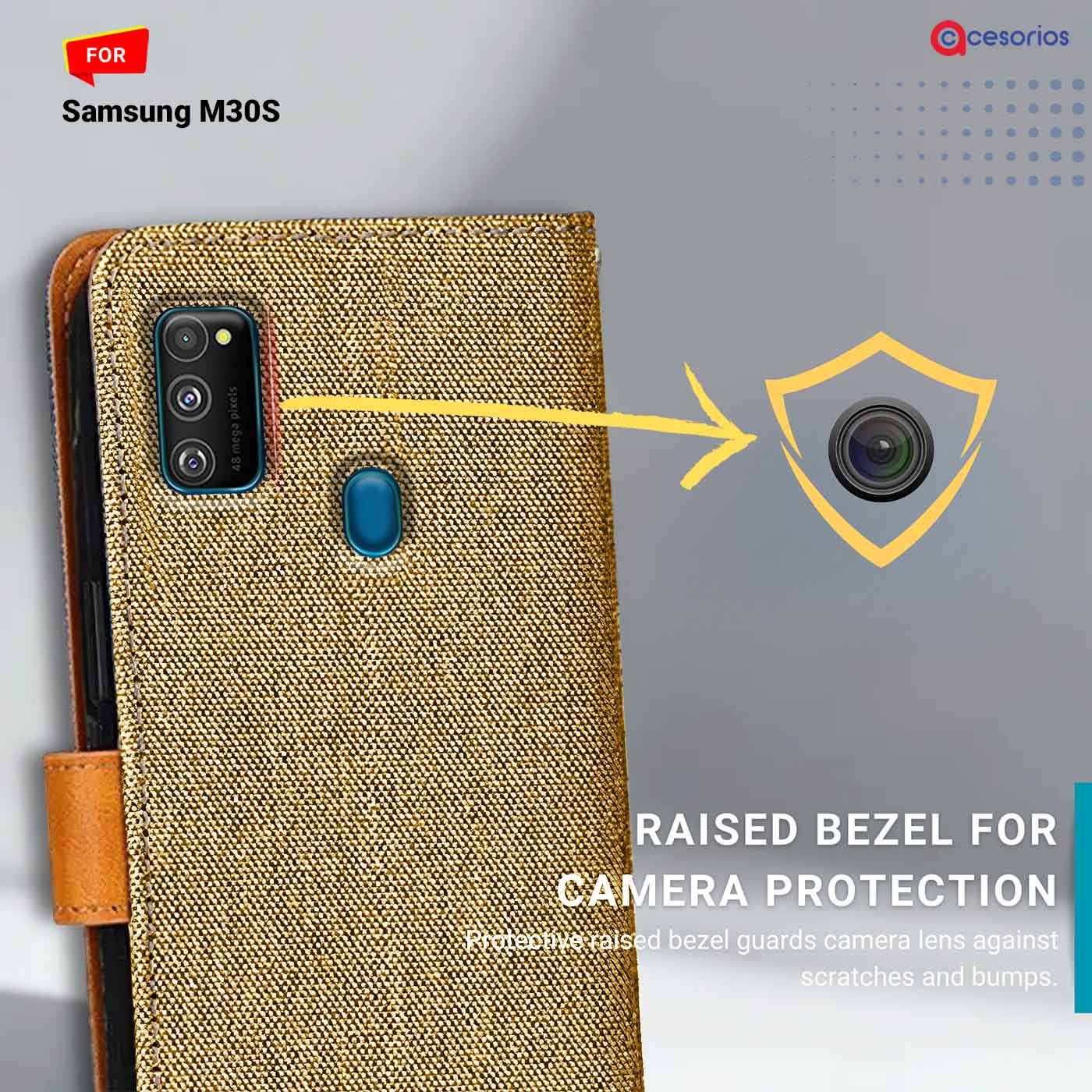 Denim & Leather back panel — Samsung M30S in Light Brown mobile case