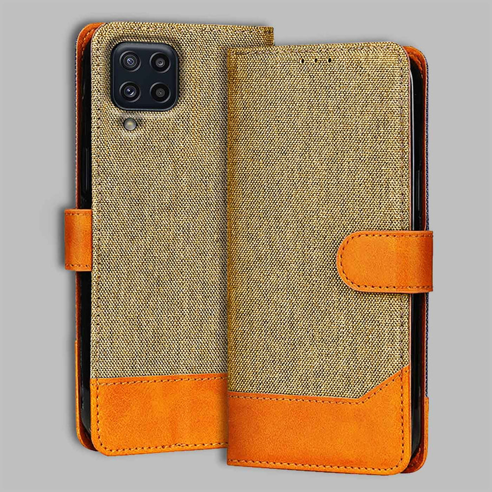 Samsung M32 4G flip cover in Light Brown — front view by Accesorios