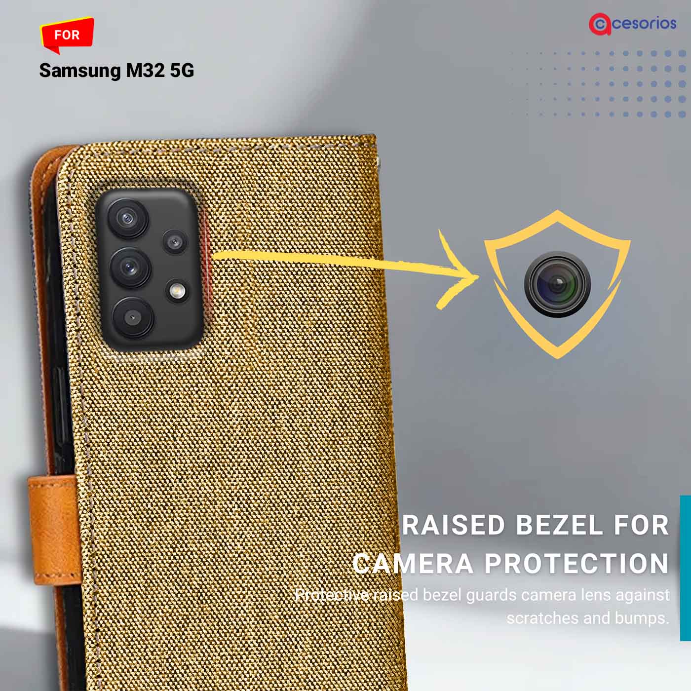 Denim & Leather back panel — Samsung M32 5G in Light Brown mobile case