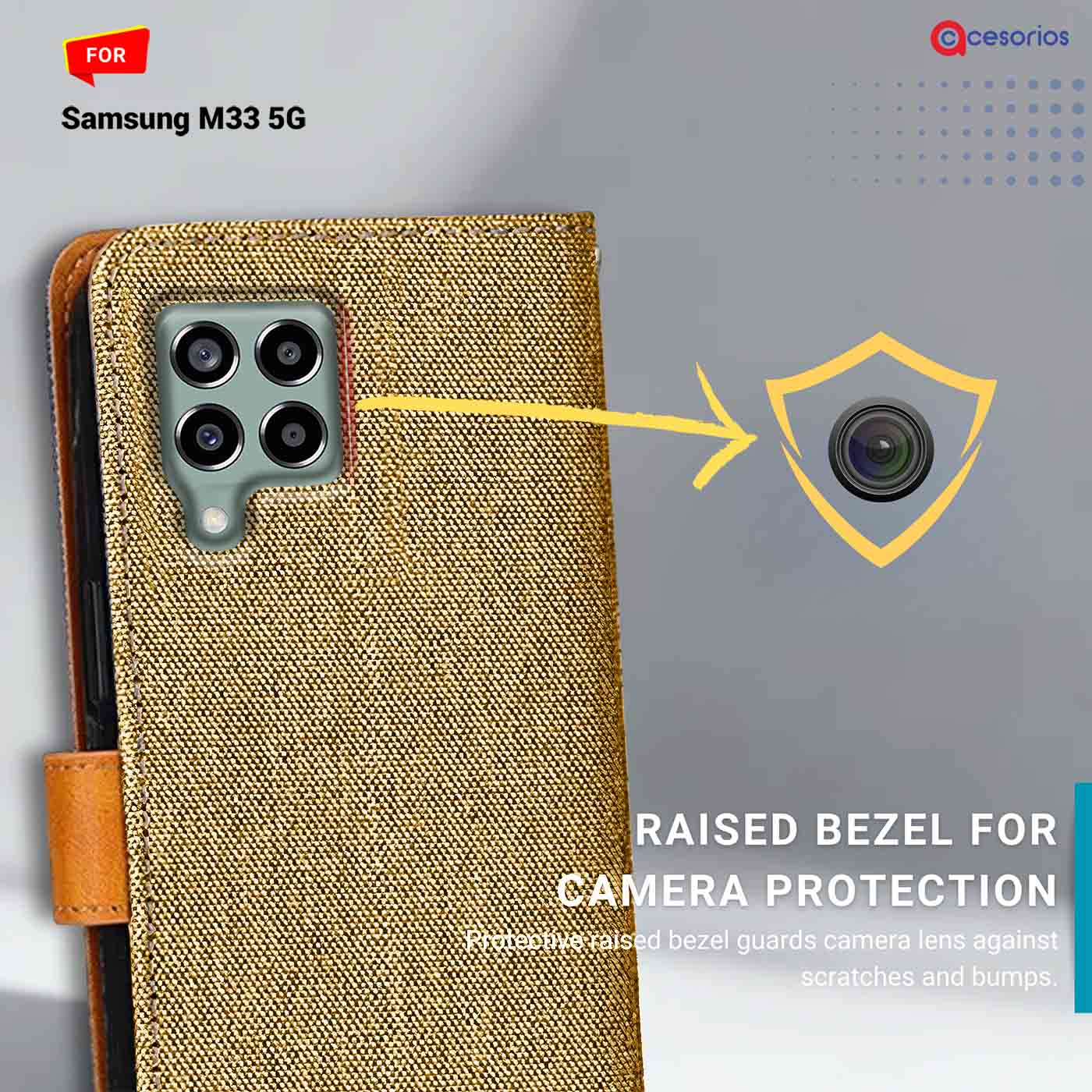 Denim & Leather back panel — Samsung M33 5G in Light Brown mobile case