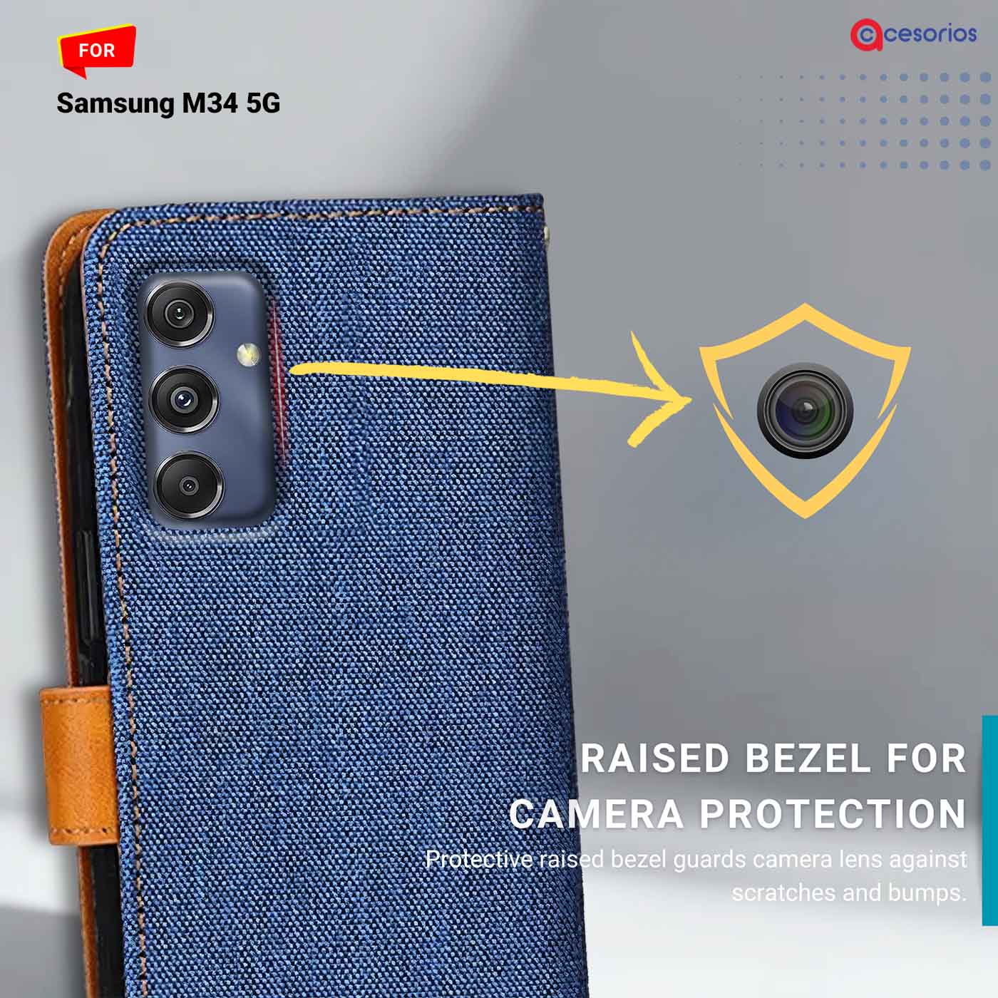 Denim & Leather back panel — Samsung M34 5G in Blue mobile case