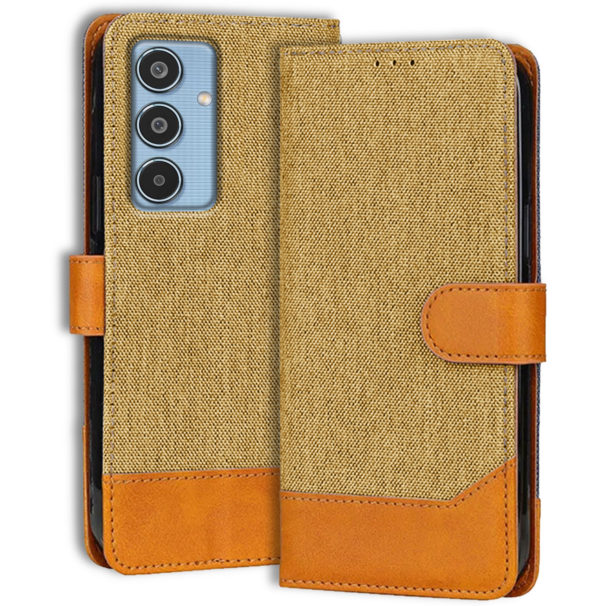 Accesorios Samsung M35 5G denim flip cover – Light Brown – Image 1 #color_light brown
