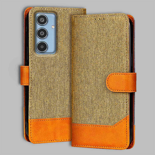 Samsung M35 5G Flip Cover — Denim, Camel Beige after a year of daily use