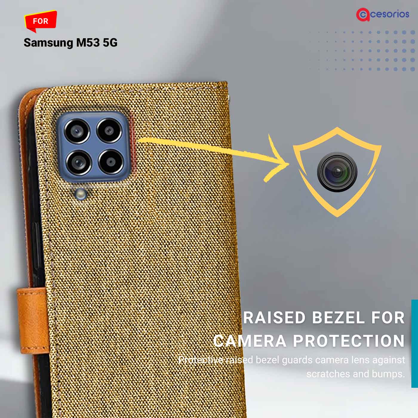 Denim & Leather back panel — Samsung M53 5G in Light Brown mobile case