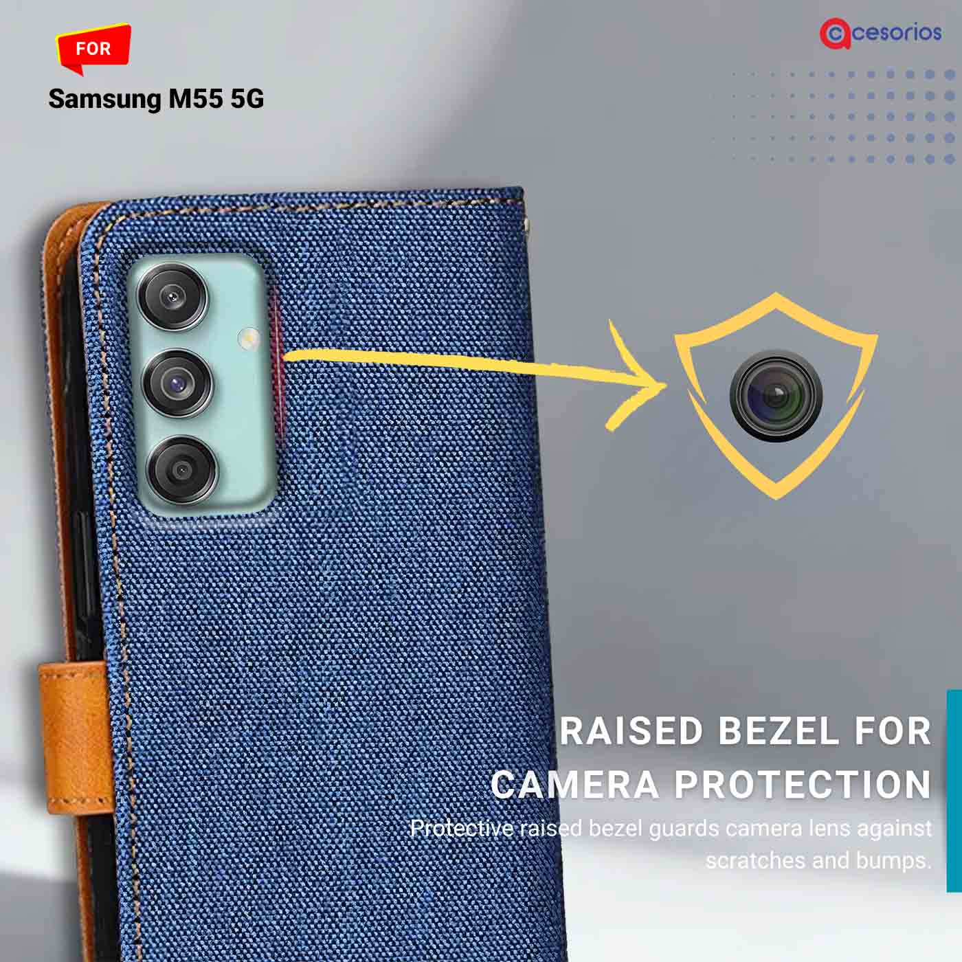 Denim & Leather back panel — Samsung M55 5G in Blue mobile case